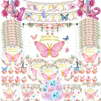 Фон для посуды с розовой бабочкой на день рождения, украшения для счастливой 1-й вечеринки, Тарелка для девочек, чашка, Скатерть, принадлежности для детского душа